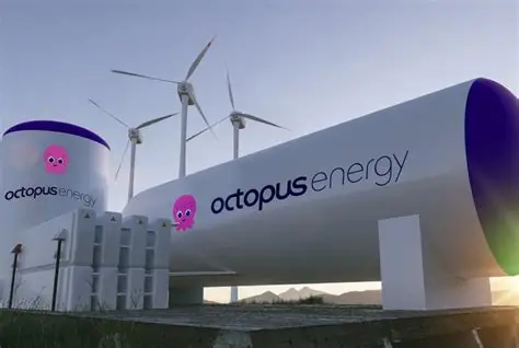 Huge white pipeline branded 'octopus energy' with a pink octopus logo and wind turbines in the background.