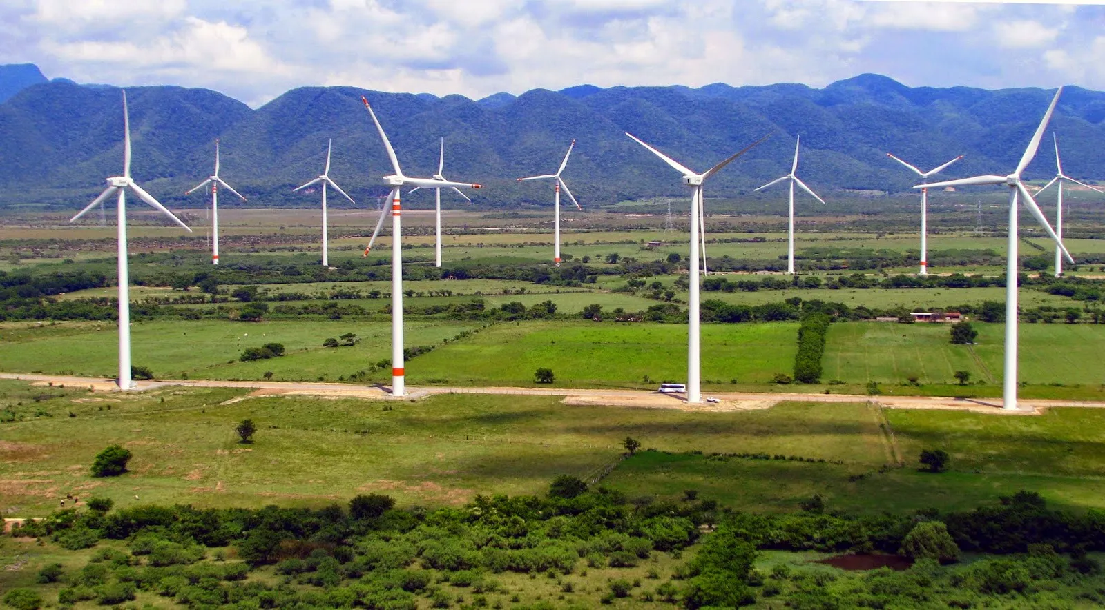 Row of white wind turbines across a green rural plain with blue mountains in the background.