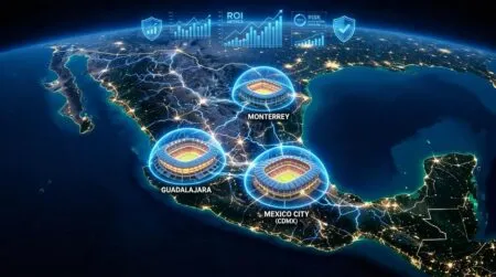 Futuristic map of Mexico with glowing stadiums in Monterrey, Guadalajara, and Mexico City connected by neon lines.