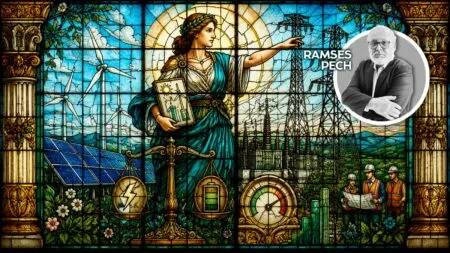 Stained-glass mural of a woman symbolizing progress holding a sun emblem and a book, with wind turbines, solar panels, power lines, a factory, and workers with plans in the background (Ramses Pech appears in a circular inset).