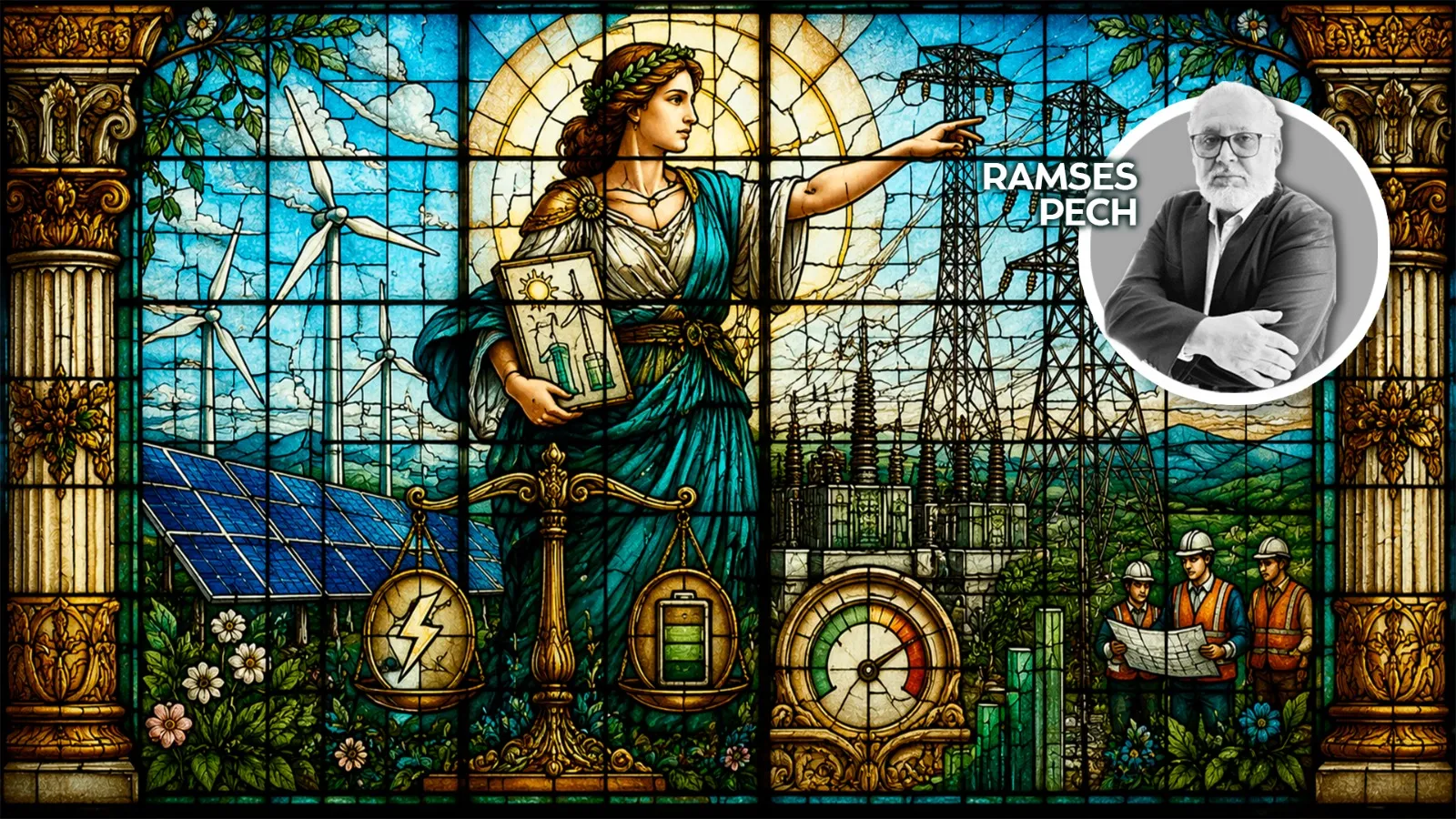 Stained-glass mural of a woman symbolizing progress holding a sun emblem and a book, with wind turbines, solar panels, power lines, a factory, and workers with plans in the background (Ramses Pech appears in a circular inset).