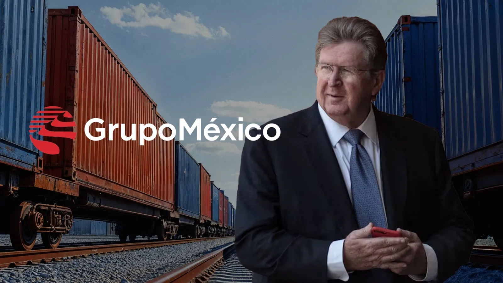 Grupo México logo over a backdrop of colorful freight containers with a man in a suit standing beside the logo in a rail yard background.