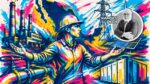 Vibrant, stylized industrial scene with a worker in a hard hat and outstretched arms, surrounded by a factory, pipes, solar panels, and power lines; circular inset shows a man with glasses.