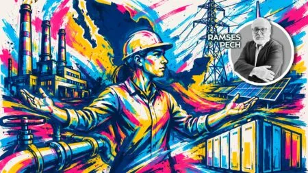 Vibrant, stylized industrial scene with a worker in a hard hat and outstretched arms, surrounded by a factory, pipes, solar panels, and power lines; circular inset shows a man with glasses.