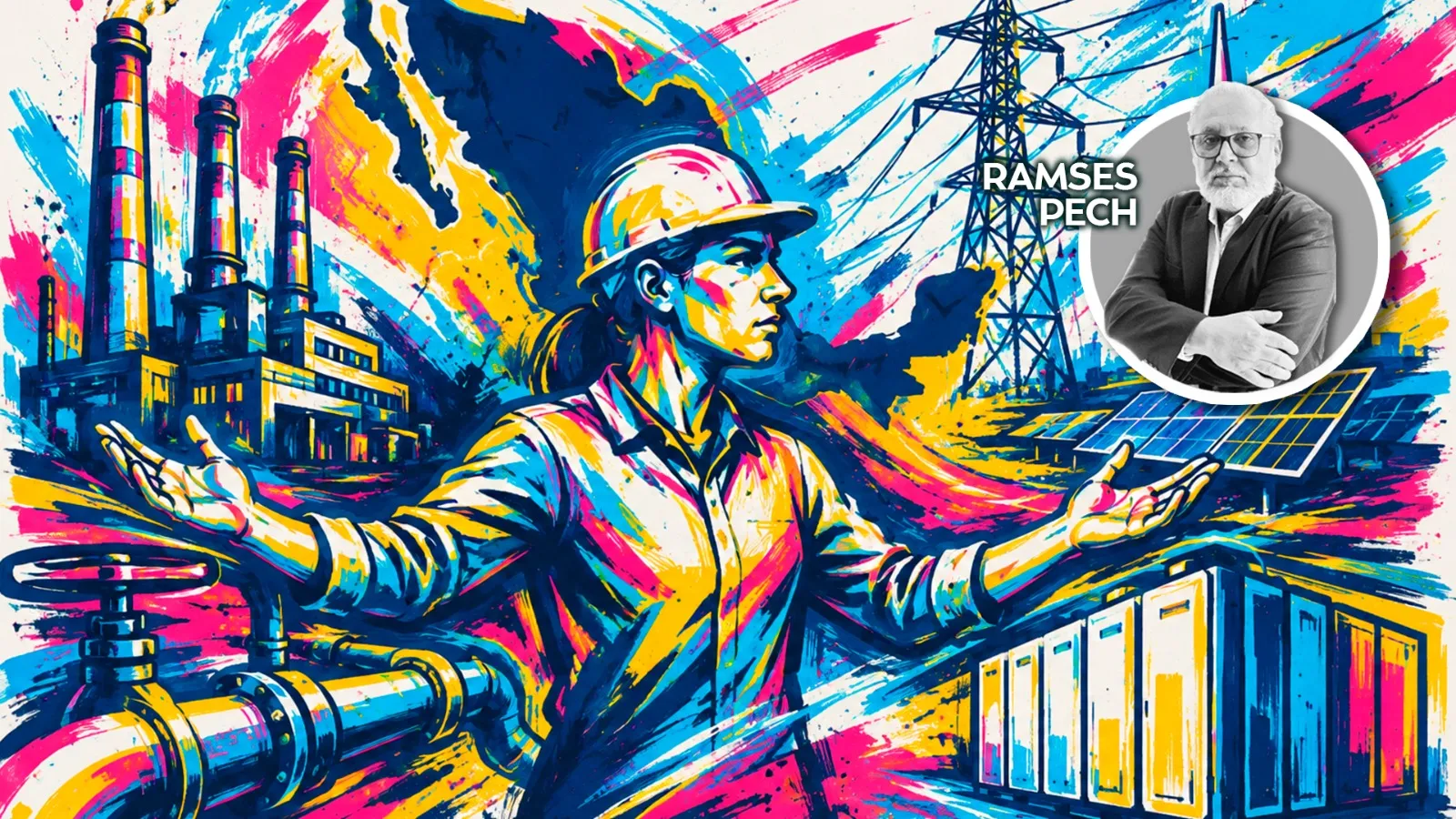 Vibrant, stylized industrial scene with a worker in a hard hat and outstretched arms, surrounded by a factory, pipes, solar panels, and power lines; circular inset shows a man with glasses.