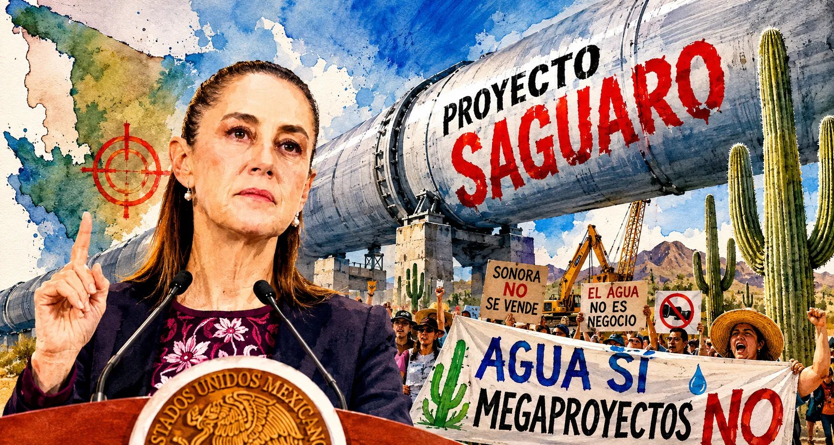 Female official speaks at a podium as protesters with signs oppose a giant water pipeline labeled 'Proyecto Agua' behind her.