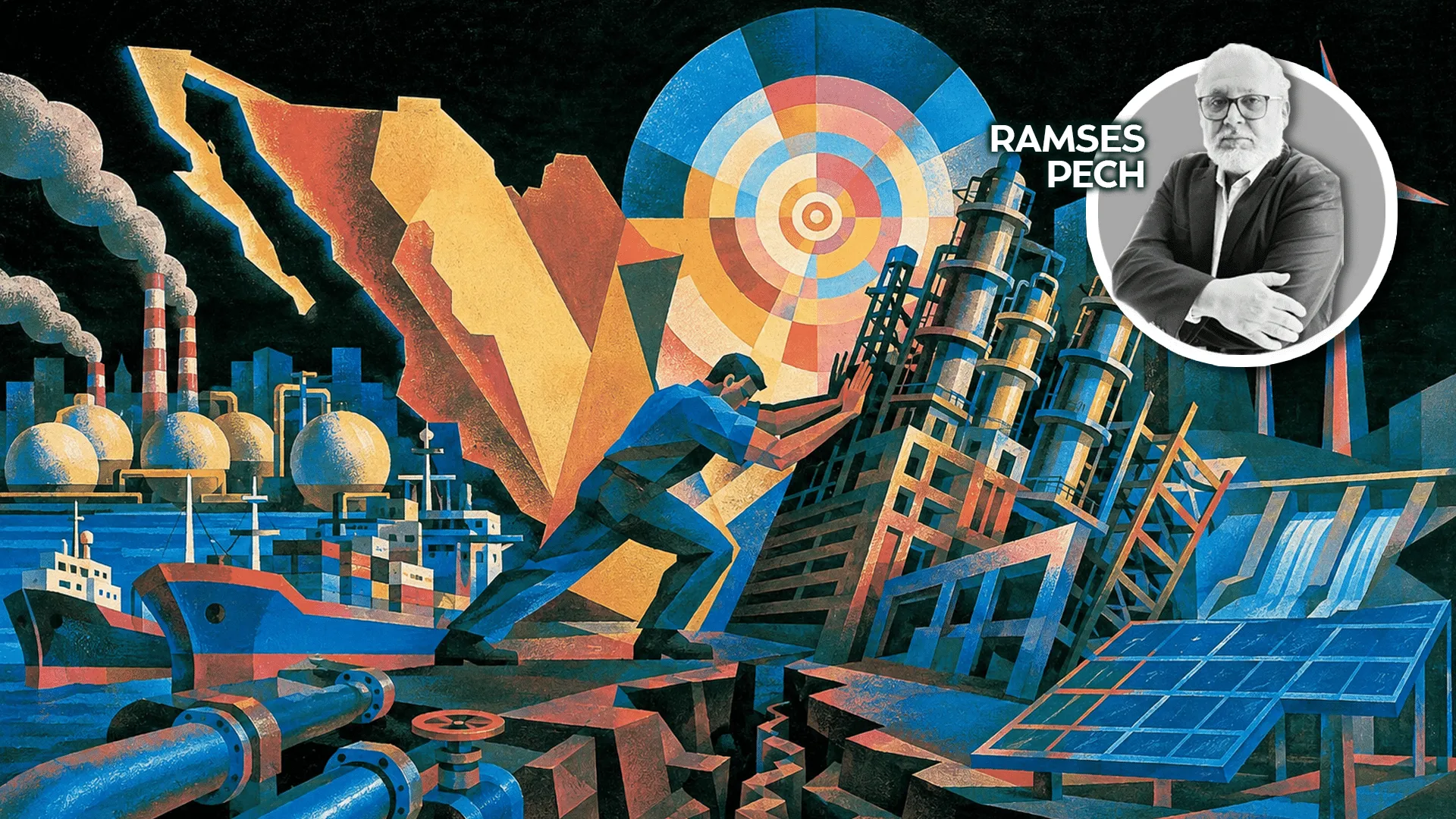 Abstract industrial landscape with a worker pushing a collapsing structure; circular inset portrait labeled RAMSES PECH.