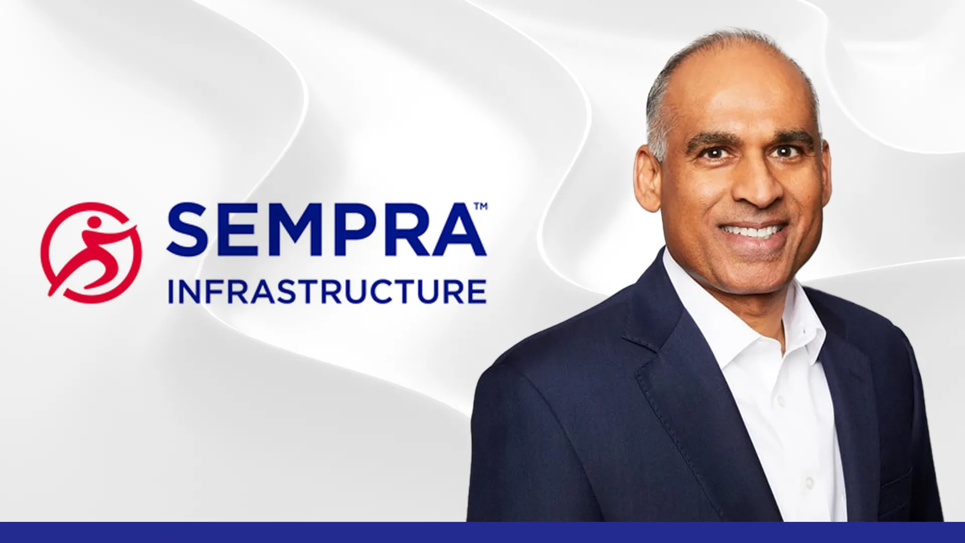Sempra Infrastructure logo with a smiling man in a navy suit on a white abstract background, blue accent at the bottom edge.