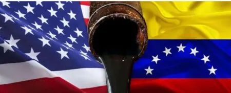 American and Venezuelan flags side by side with black oil pouring from a rusted pipe between them, symbolizing oil issues between nations.