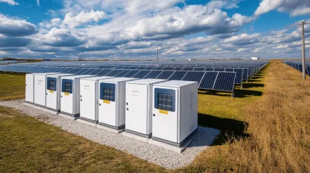 Rows of solar panels stretch across a grassy field, with white electrical cabinets in the foreground under a partly cloudy sky.