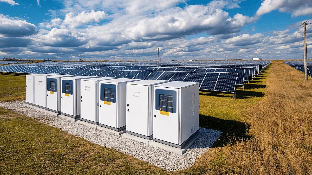 Rows of solar panels stretch across a grassy field, with white electrical cabinets in the foreground under a partly cloudy sky.