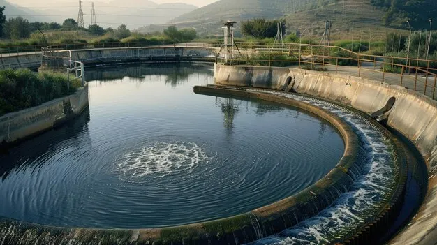 Circular clarifier tank at a wastewater treatment plant with swirling water in the center and concrete walls nearby.
