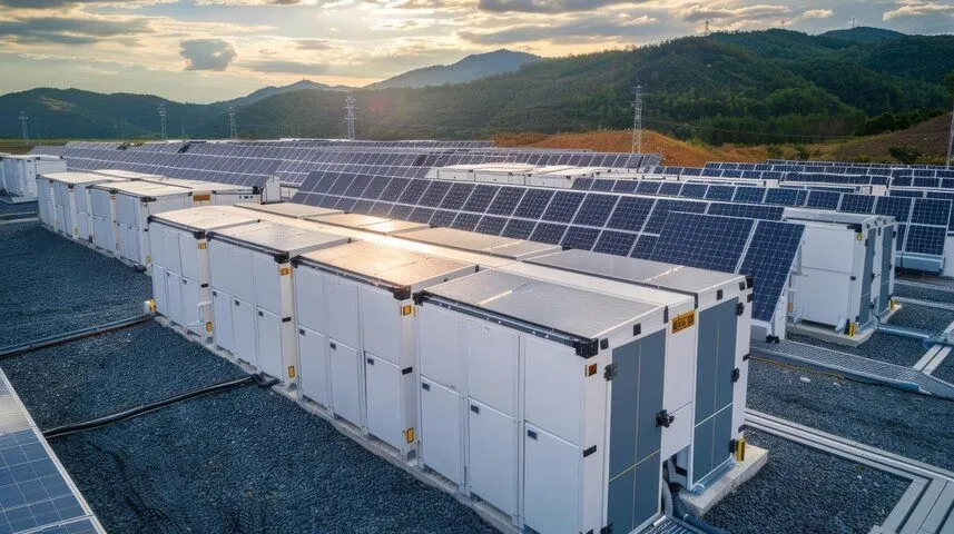 Rows of solar panels on a rooftop solar farm with white electrical cabinets in the foreground and hills in the distance.