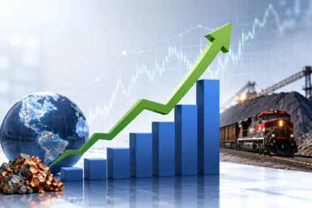 Growth and industry: a green rising arrow over blue bars, with a globe and coal piles, and a mining locomotive in the background, symbolizing global industrial growth.