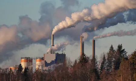 Industrial power plant with tall smokestacks releasing white smoke, surrounded by trees in the foreground to the left.