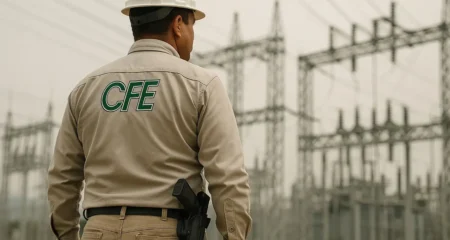Electrical worker in beige uniform and hard hat facing away, standing at a power substation with CFE on the back of his jacket