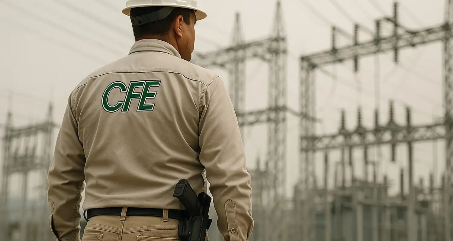 Electrical worker in beige uniform and hard hat facing away, standing at a power substation with CFE on the back of his jacket