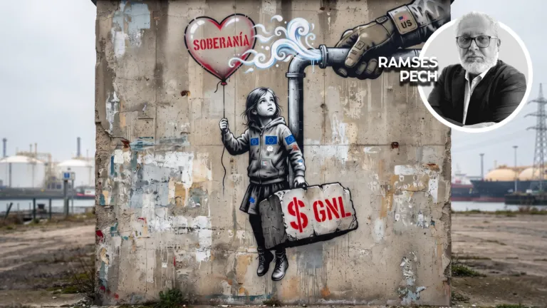 Graffiti mural of a girl in a hoodie holding a heart-shaped SOBERANIA balloon as a gas pipe sprays blue steam toward her, with a torn sign reading $ GNL at her feet and EU patches on her jacket. Inset circular photo of a man in glasses on the right.