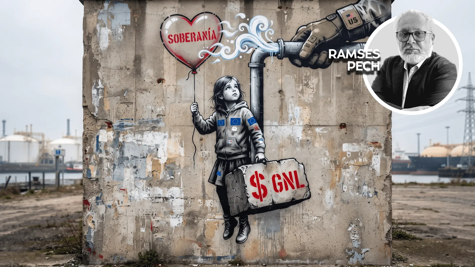 Graffiti mural of a girl in a hoodie holding a heart-shaped SOBERANIA balloon as a gas pipe sprays blue steam toward her, with a torn sign reading $ GNL at her feet and EU patches on her jacket. Inset circular photo of a man in glasses on the right.
