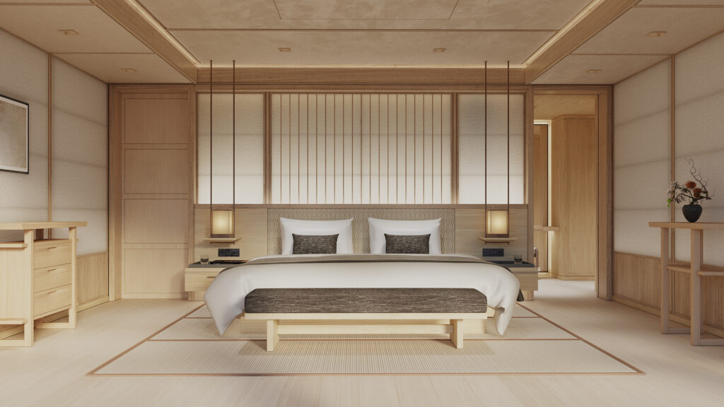 Amangati Aman at Sea - Accommodation Grand Suite 05 Credit_ SINOT - Petróleo y Energía Zen-inspired bedroom with a low wooden bed, neutral tones, and minimalist Japanese-style furnishings
