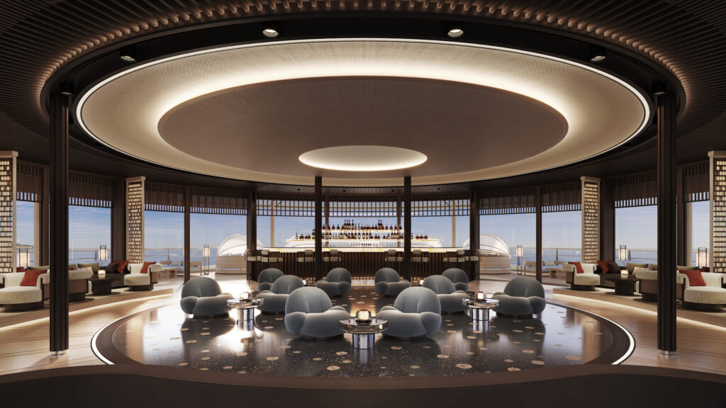 Amangati Aman at Sea - FB Jazz Bar Interior 01 Credit_ SINOT - Petróleo y Energía Circular upscale lounge with a central curved-bar, warm ambient lighting, and plush curved seating around the perimeter.