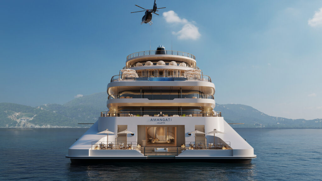 Amangati_Marina_01_HR 1 - Petróleo y Energía Luxury multi‑deck yacht on calm water with a helicopter hovering above; distant hills on the horizon.