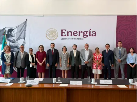 Group of officials in formal attire posing for a photo in front of an Energia banner with the Mexican seal and flag on the left.