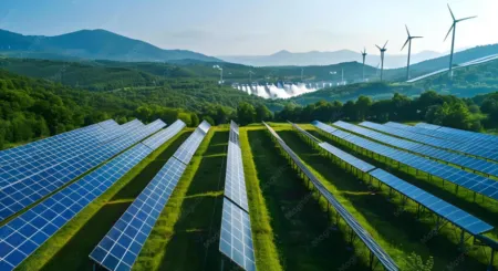 Rows of solar panels on a grassy field with wind turbines on distant hills under a blue sky.