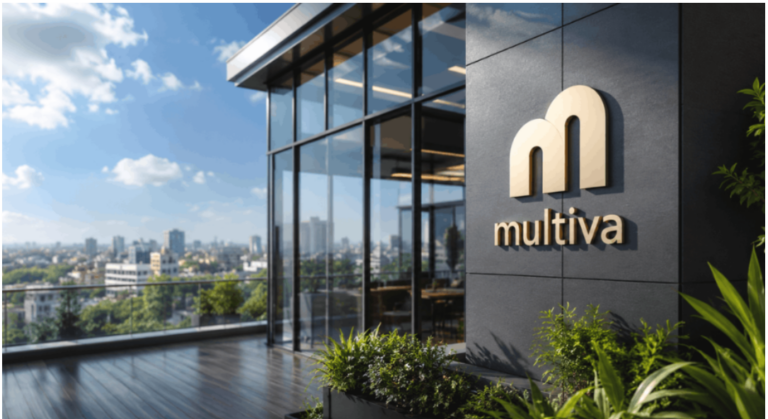 Modern office building exterior with a glass wall terrace and a prominent Multiva logo on a dark stone wall facing greenery and city skyline.