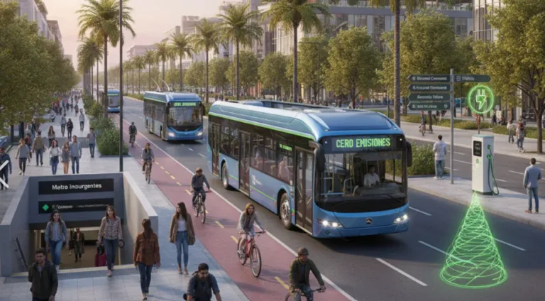 Modern city street with electric buses, bike lane, pedestrians, and signage promoting zero emissions.
