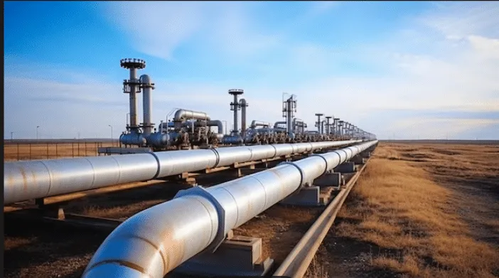Long row of large metal oil/gas pipelines supported by concrete supports across a dry, barren field under a blue sky with scattered clouds.
