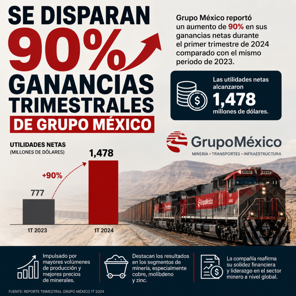 ChatGPT Image 22 jul 2026 11_54_14 am - Petróleo y Energía Infographic announcing a 90% jump in Grupo México's quarterly profits: 1T 2023 profits were 777 million, 1T 2024 are 1,478 million, with a rising arrow and train image in the background.