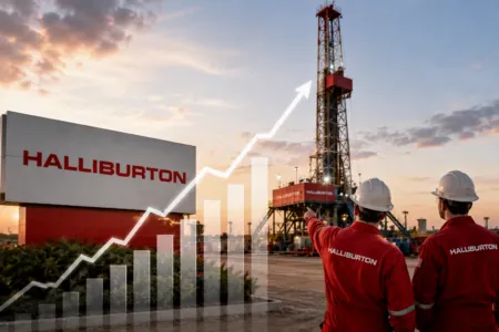 Two Halliburton workers in red coveralls point toward an upward trending chart overlay at a drilling rig site at sunset, conveying growth.