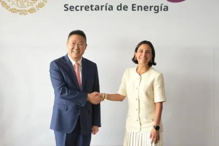 Two professionals shake hands in front of a backdrop that says Secretaría de Energía, signaling a formal agreement or meeting.