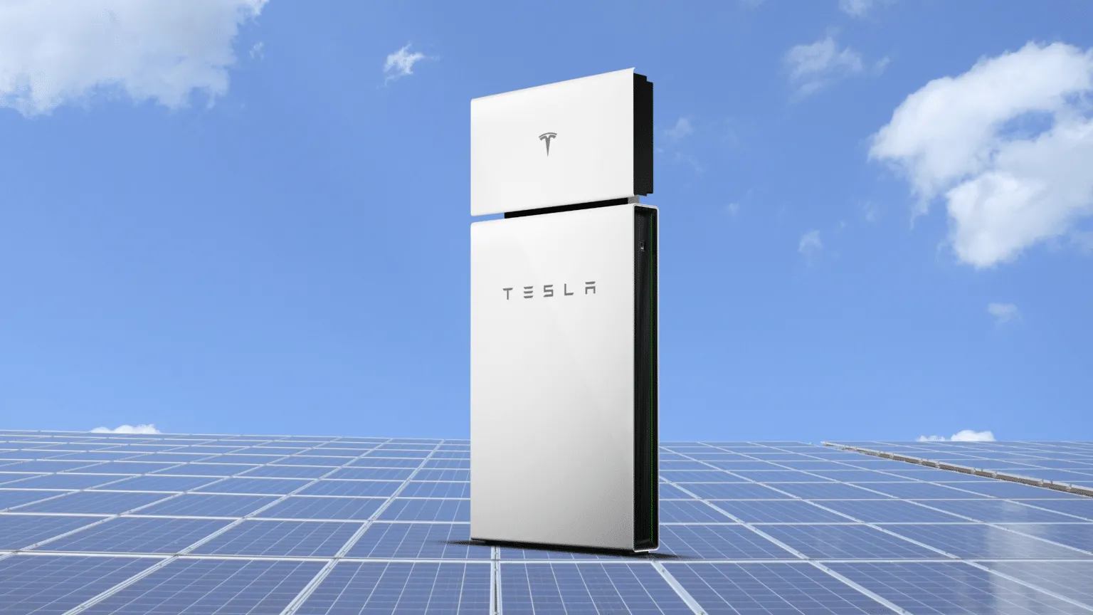 Tall white Tesla battery unit standing upright on a vast solar farm under a blue sky with clouds