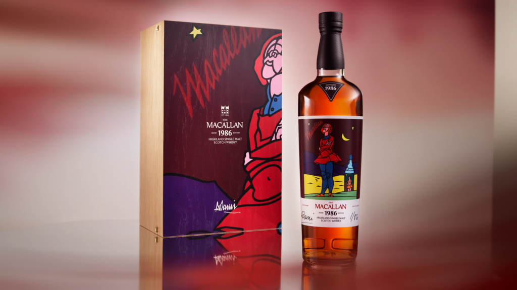 MAC-2026-RomanticaCollection-SupportingStatics-BMADAMIBottleBox16x9150dpiRGB-WEB - Petróleo y Energía Bottle of The Macallan 1986 Highland Single Malt Scotch Whisky beside a colorful illustrated box with a girl in red and abstract art motifs.