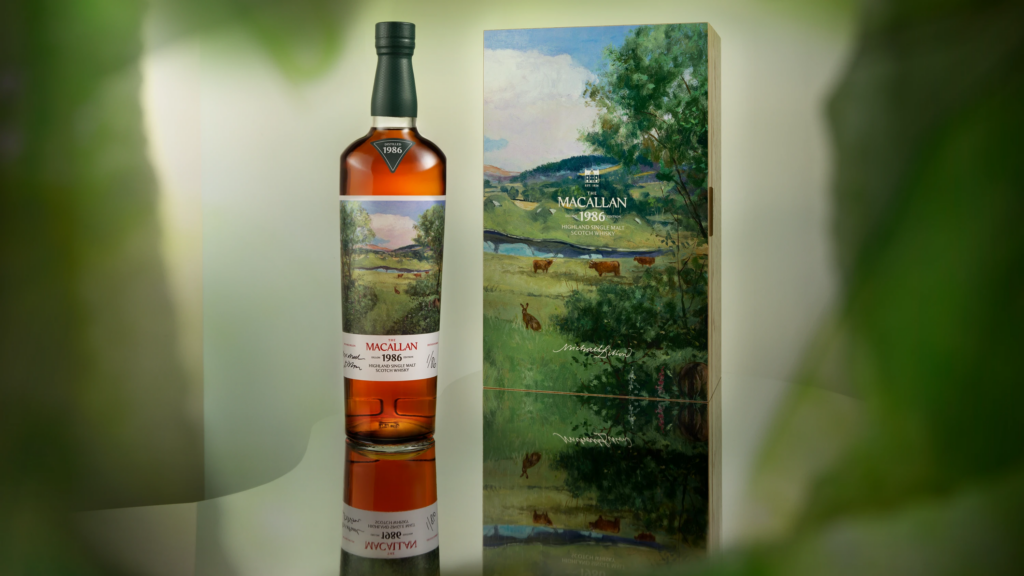 MAC-2026-RomanticaCollection-SupportingStatics-BMDILLONBottleBox16x9150dpiRGB-WEB - Petróleo y Energía The Macallan 1986 whisky bottle beside its illustrated landscape box on a reflective surface, bottle labeled clearly.