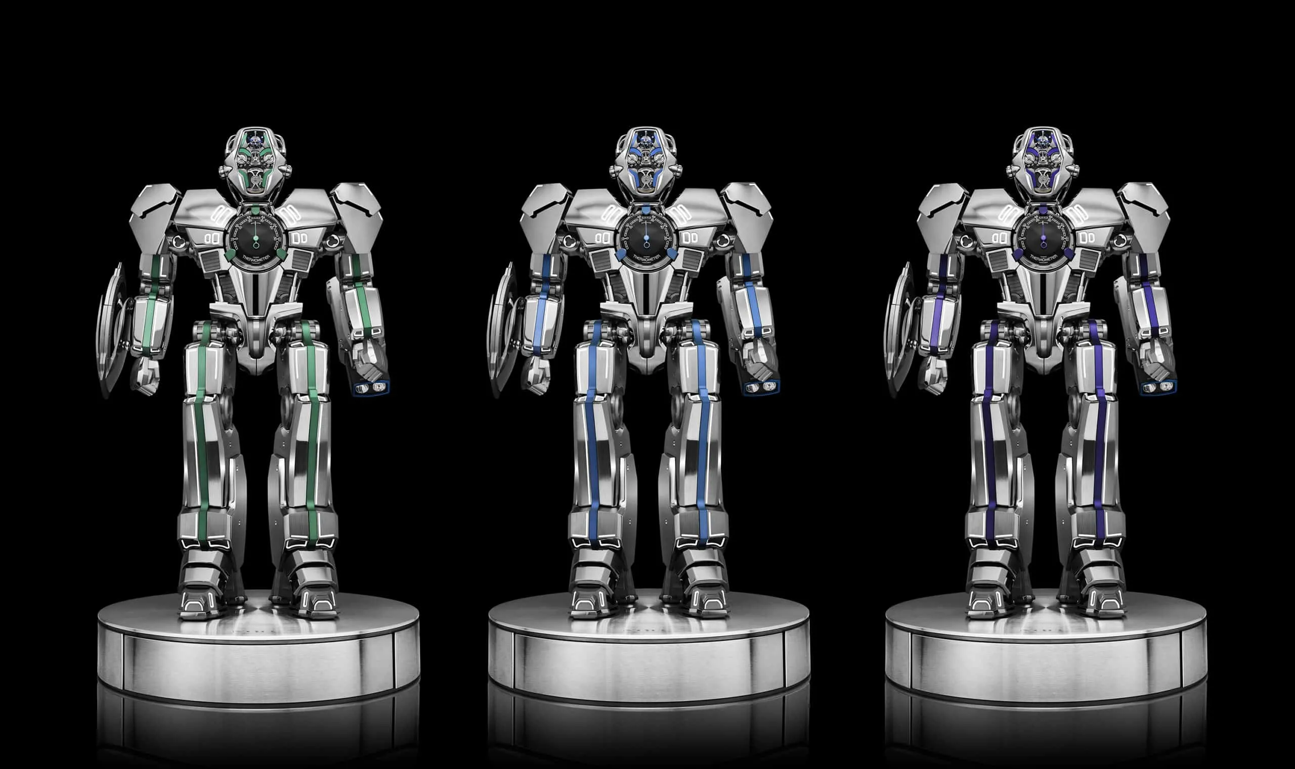 Three chrome robots with green, blue, and purple accents stand on circular pedestals against a black background, presenting a united showroom image.