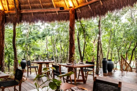 Outdoor restaurant seating on a wooden deck under a thatched roof, surrounded by trees.