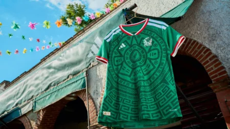 Green Mexico football jersey hanging on a clothesline outdoors with colorful garlands and a brick building nearby.