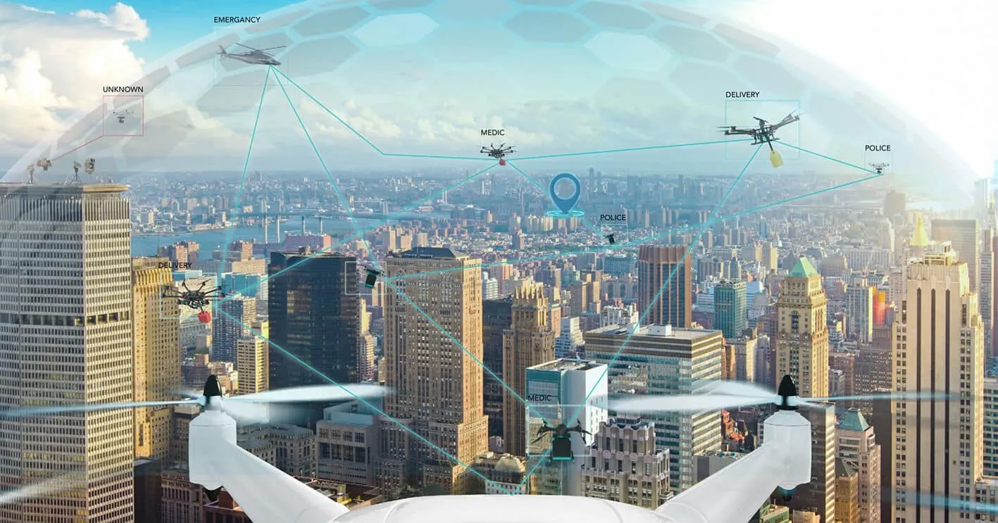 Illustrated city overlaid with a network of drones labeled Emergency, Medic, Delivery, Police, showing connected routes for services.