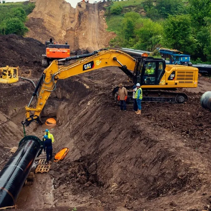 Yellow CAT excavator digs a trench as workers guide a large black pipeline into the ground at a muddy construction site.