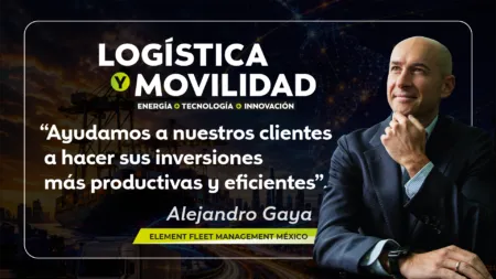 Hero banner: 'Logística y Movilidad' with globe and ships in background, featuring Alejandro Gaya and tag 'Element Fleet Management México' (informative).