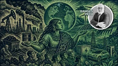 Illustration of a woman with the Earth backdrop, surrounded by oil rigs, smokestacks, workers, solar panels and wind turbines, symbolizing energy transition; Ramses Pech appears in a circular badge in the corner.