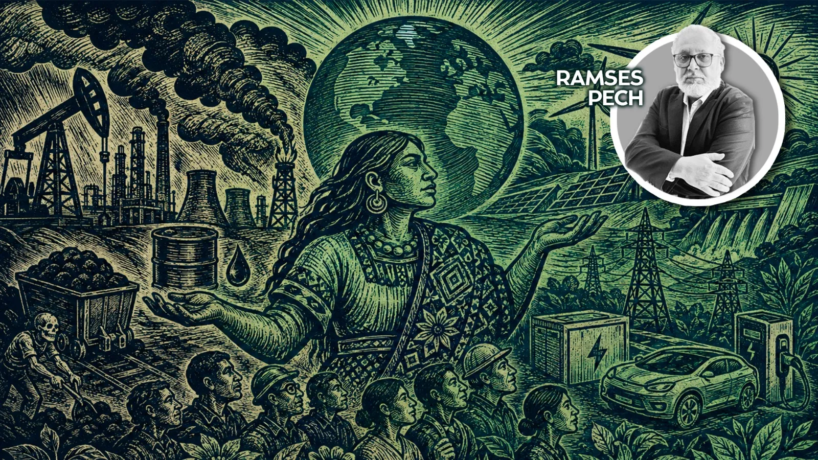 Illustration of a woman with the Earth backdrop, surrounded by oil rigs, smokestacks, workers, solar panels and wind turbines, symbolizing energy transition; Ramses Pech appears in a circular badge in the corner.