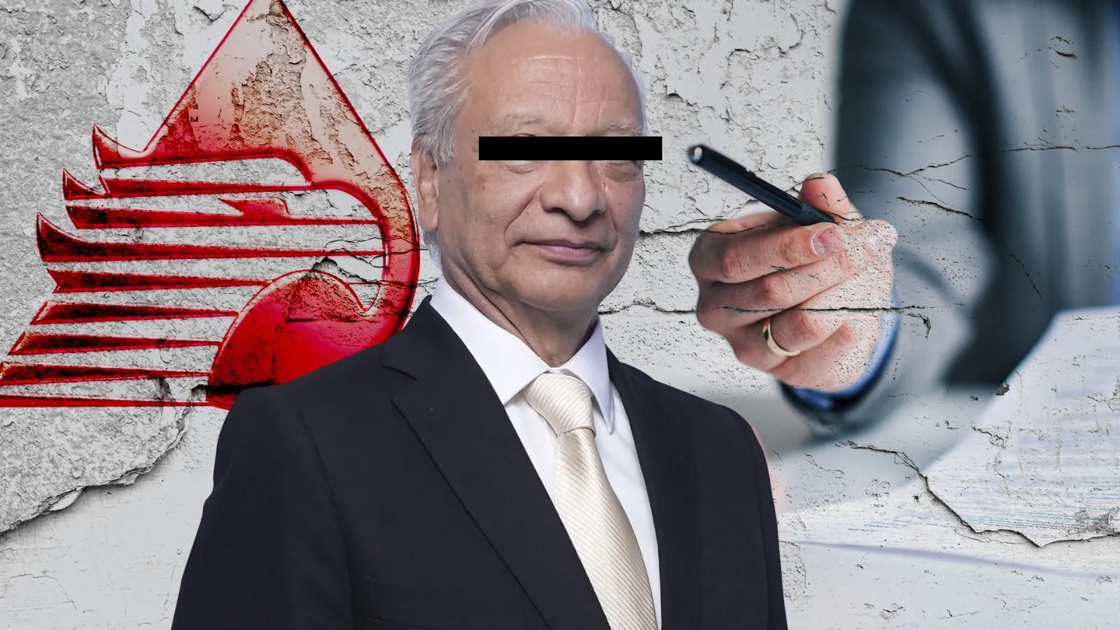 Man in a suit with eyes blacked out stands beside a large red graffiti emblem on a cracked wall; a hand holding a pen approaches as if about to sign.