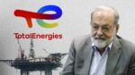 TotalEnergies logo above an offshore oil rig, with an older man in a suit on the right, suggesting energy industry news or business context.