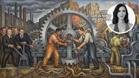 Industrial mural: workers in overalls turn a giant gear while suited executives supervise in a factory setting with pipes and machinery nearby