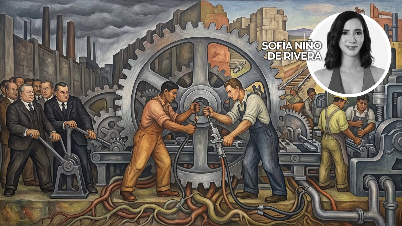 Industrial mural: workers in overalls turn a giant gear while suited executives supervise in a factory setting with pipes and machinery nearby