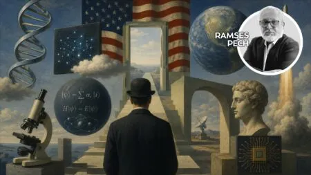 Silhouette of a man in a suit facing a surreal stairway toward a bright doorway, surrounded by DNA helix, globe, and science imagery.